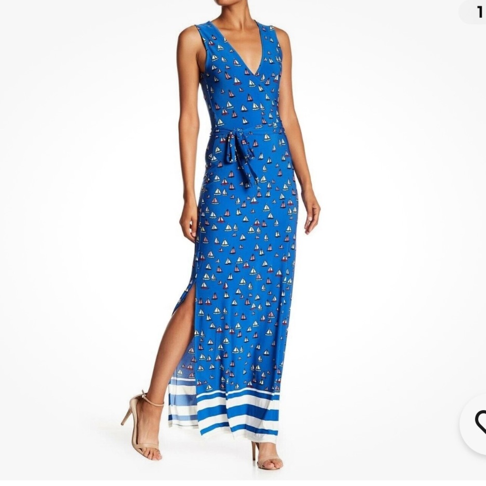 Leota Blue Nautical sailboat Maxi Dress S 4 like vineyard vines